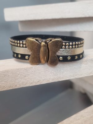 Bracelet femme en suédine noir et cuir doré, fermoir papillon