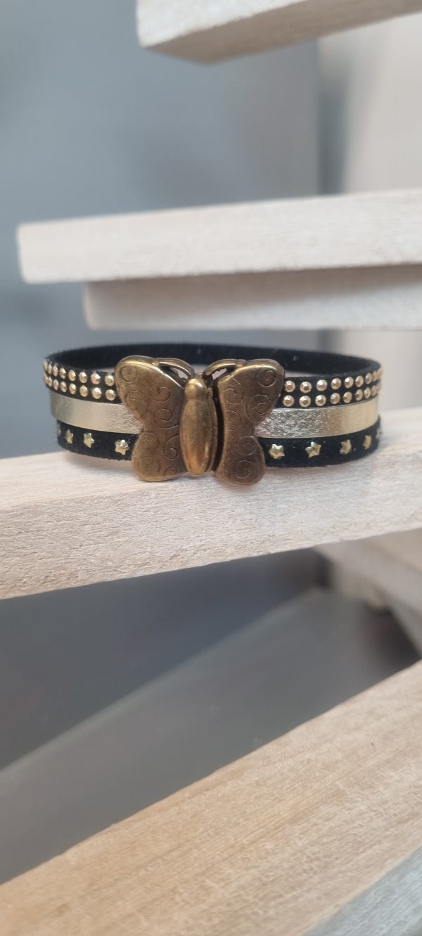 Bracelet femme en suédine noir et cuir doré, fermoir papillon