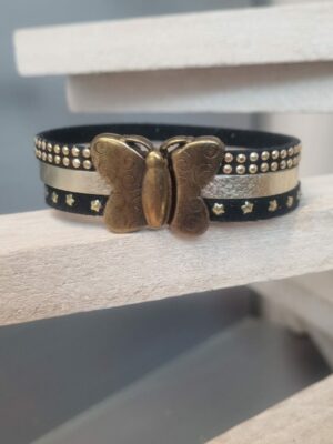 Bracelet femme en suédine noir et cuir doré, fermoir papillon