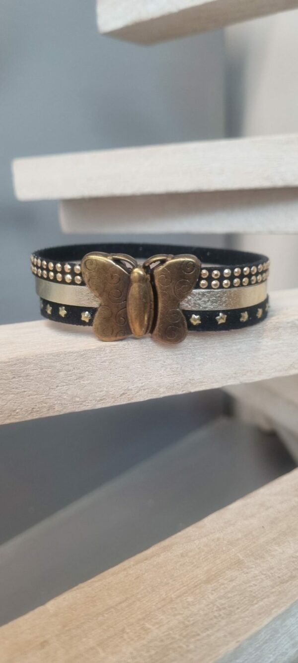 Bracelet femme en suédine noir et cuir doré, fermoir papillon