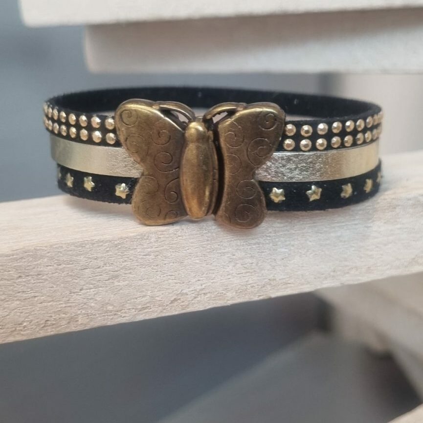 Bracelet femme en suédine noir et cuir doré, fermoir papillon