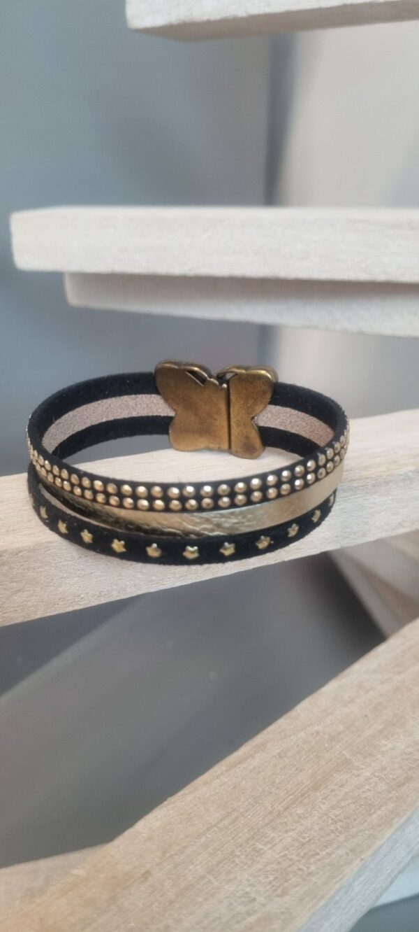 Bracelet femme en suédine noir et cuir doré, fermoir papillon