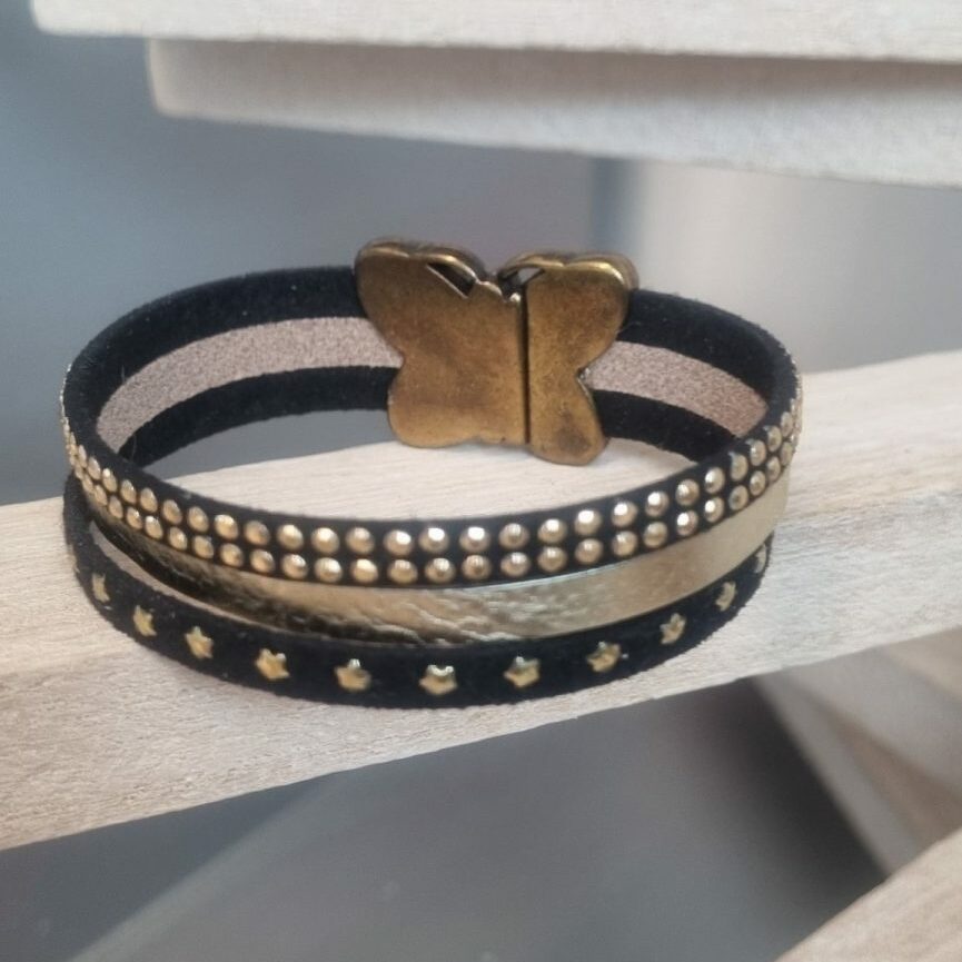 Bracelet femme en suédine noir et cuir doré, fermoir papillon