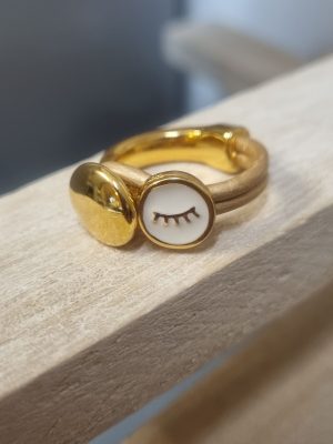 Demi bague dorée, cuir rond doré et œil doré émaillé blanc
