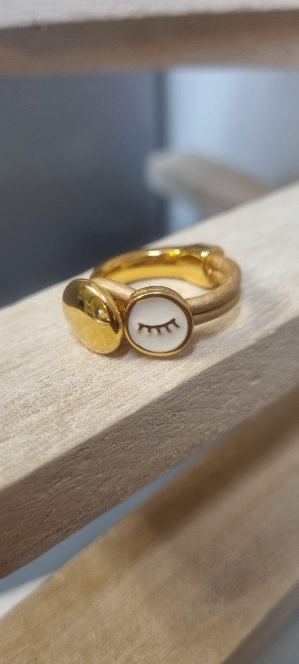 Demi bague dorée, cuir rond doré et œil doré émaillé blanc