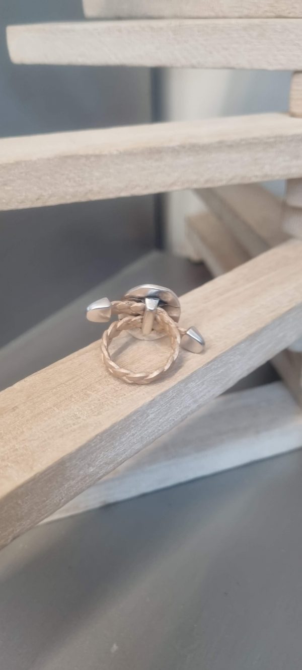 Bague cuir tressé argenté et passant ovale martelé argenté