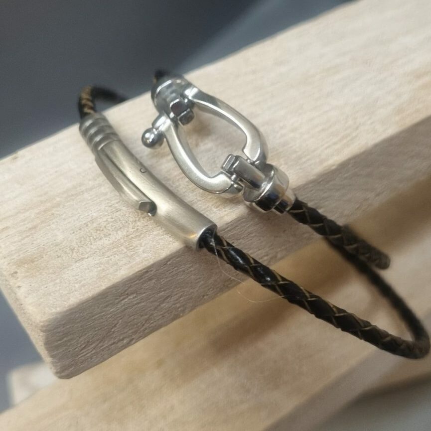 Bracelet homme double tour cuir rond tressé marron