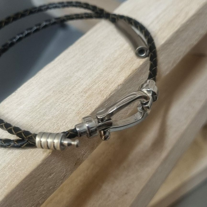 Bracelet homme double tour cuir rond tressé marron