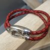 Bracelet femme double tour cuir rond tressé rouge