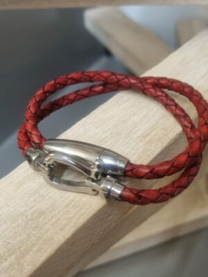 Bracelet femme double tour cuir rond tressé rouge