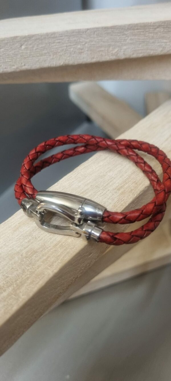 Bracelet femme double tour cuir rond tressé rouge