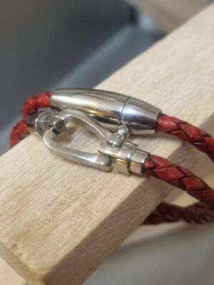Bracelet femme double tour cuir rond tressé rouge