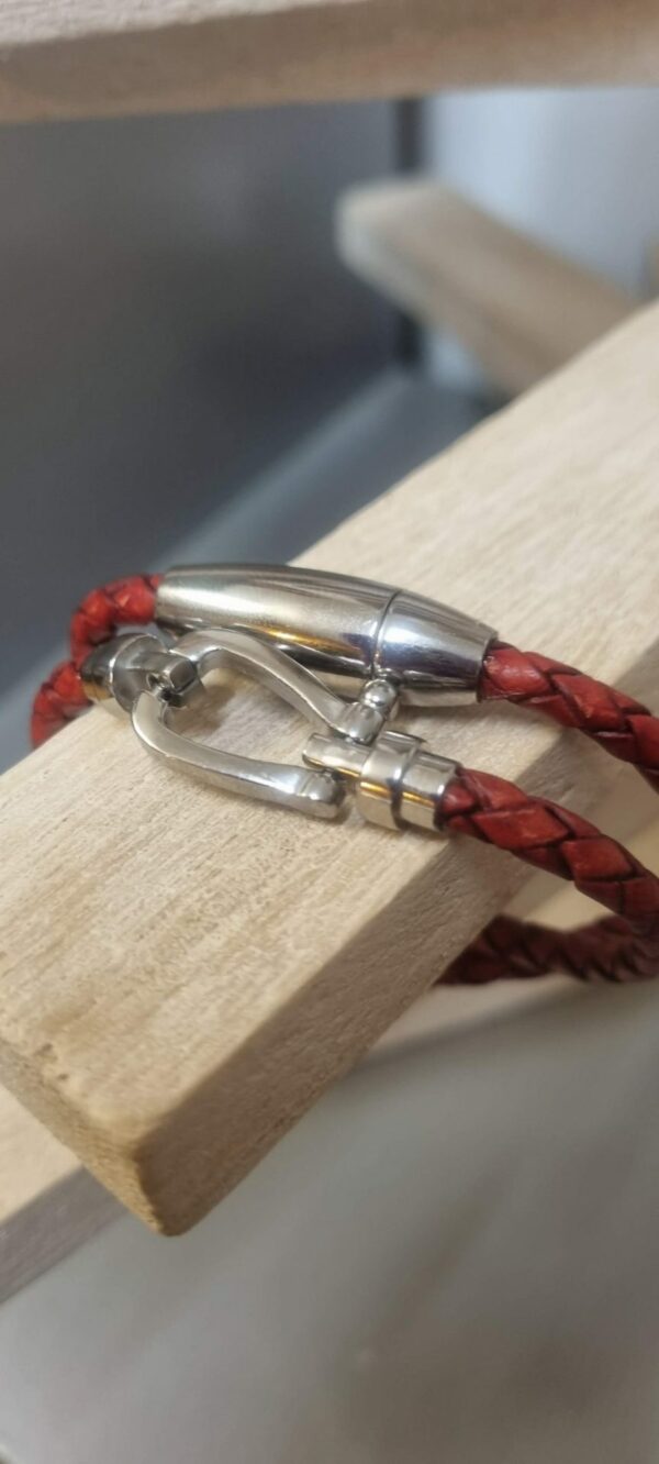 Bracelet femme double tour cuir rond tressé rouge