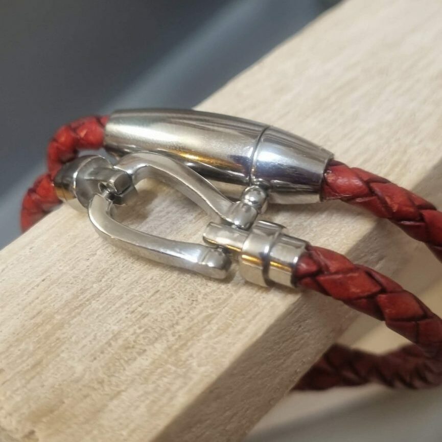 Bracelet femme double tour cuir rond tressé rouge