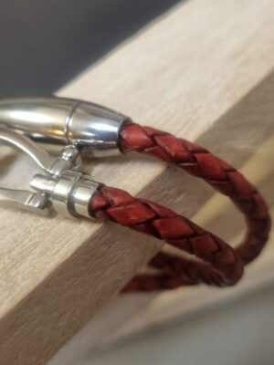 Bracelet femme double tour cuir rond tressé rouge