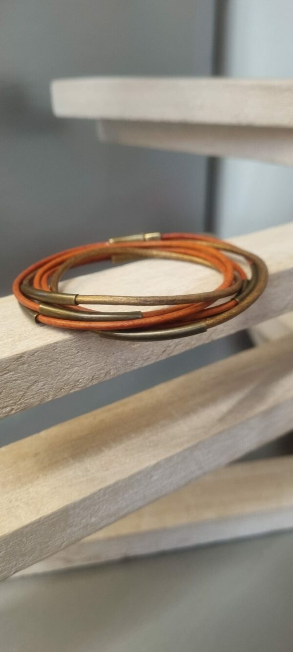 Bracelet femme double tour cuir rond orange et bronze