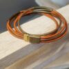 Bracelet femme double tour cuir rond orange et bronze