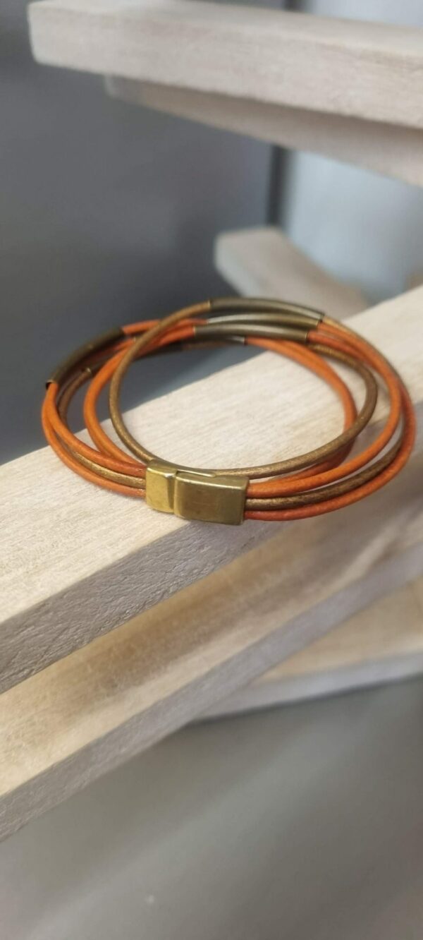 Bracelet femme double tour cuir rond orange et bronze