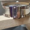 Bracelet femme 20mm en cuir plat argenté et rayé noir et gris, passants ovales argentés