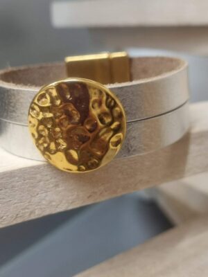 Bracelet femme 20mm en cuir argenté et pastille dorée