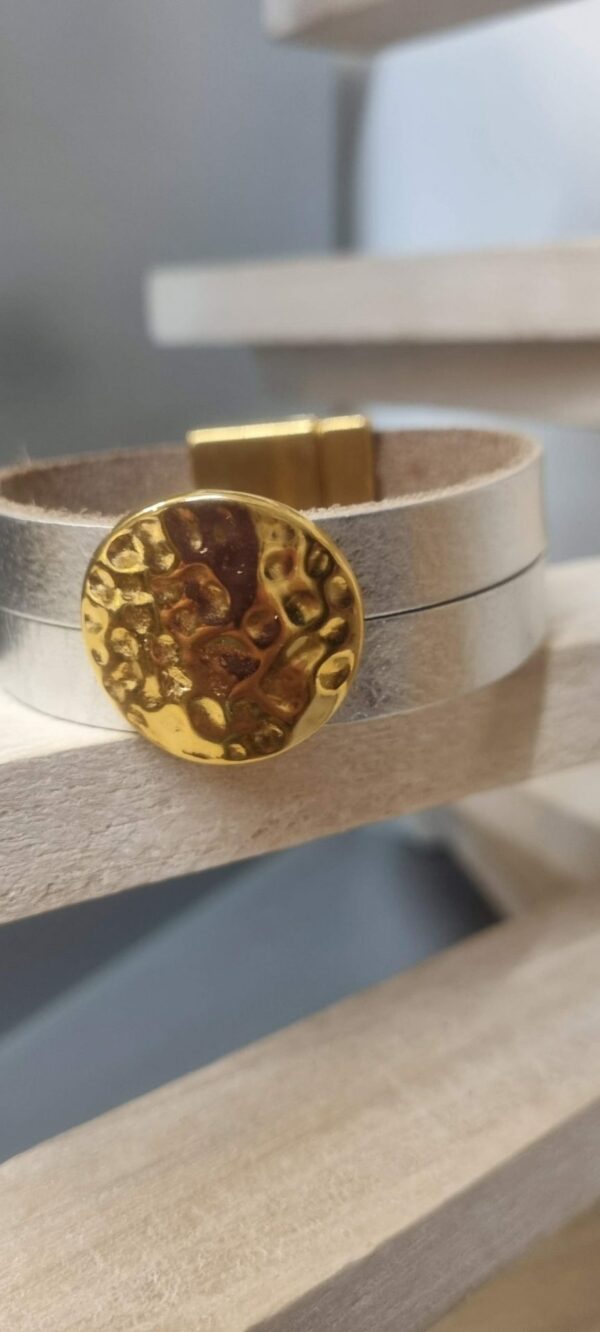 Bracelet femme 20mm en cuir argenté et pastille dorée