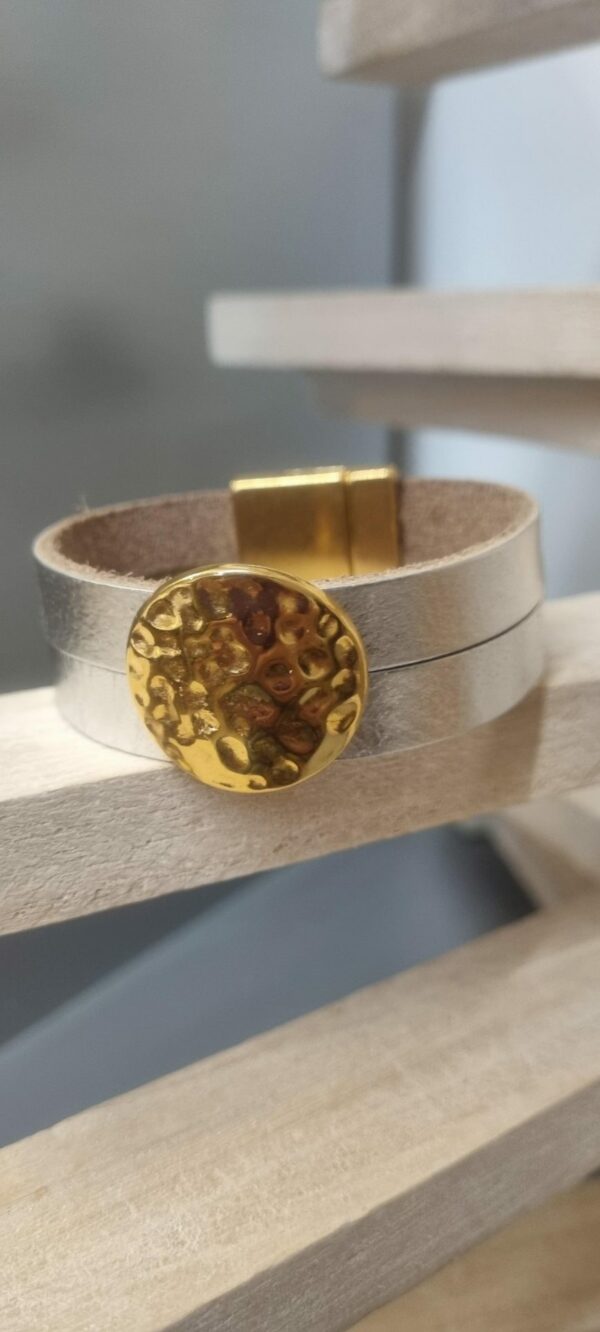 Bracelet femme 20mm en cuir argenté et pastille dorée