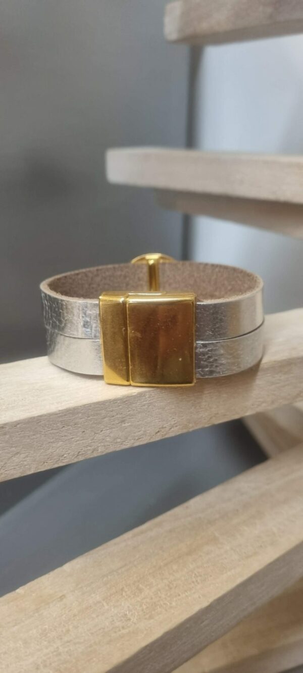 Bracelet femme 20mm en cuir argenté et pastille dorée