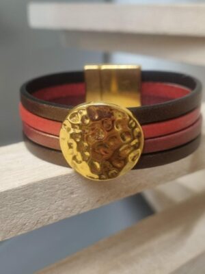 Bracelet femme 20mm en cuir et pastille dorée martelée