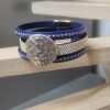 Manchette femme 20mm bleu et cuir métal, passant martelé argenté