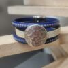 Manchette femme 20mm bleu et cuir métal, passant martelé argenté