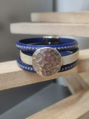 Manchette femme 20mm bleu et cuir métal, passant martelé argenté