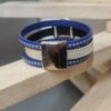 Manchette femme 20mm bleu et cuir métal, passant martelé argenté