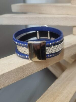 Manchette femme 20mm bleu et cuir métal, passant martelé argenté
