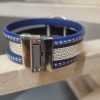 Manchette femme 20mm bleu et cuir métal, passant martelé argenté
