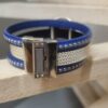 Manchette femme 20mm bleu et cuir métal, passant martelé argenté