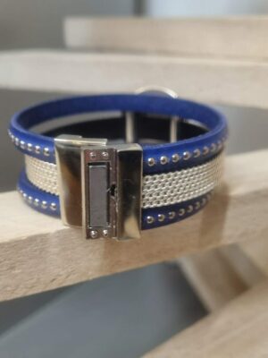 Manchette femme 20mm bleu et cuir métal, passant martelé argenté