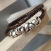 Bracelet homme double tour cuir tressé marron et perles argentées