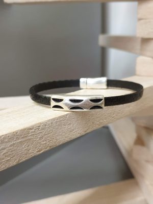 Bracelet homme cuir noir et passant argenté