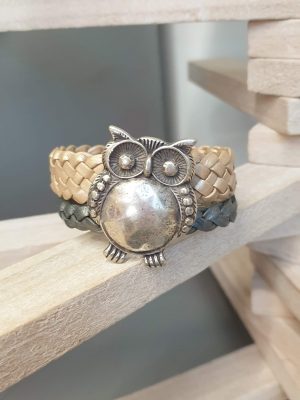 Bracelet femme 20mm cuir tressé gris et doré et son hibou