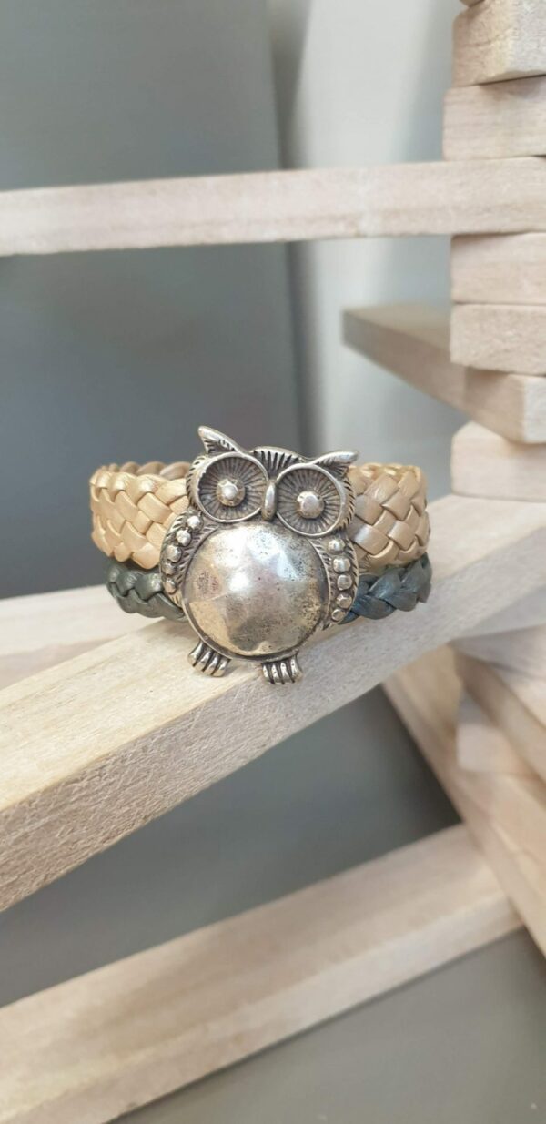 Bracelet femme 20mm cuir tressé gris et doré et son hibou