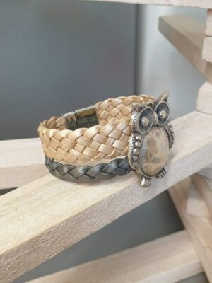 Bracelet femme 20mm cuir tressé gris et doré et son hibou