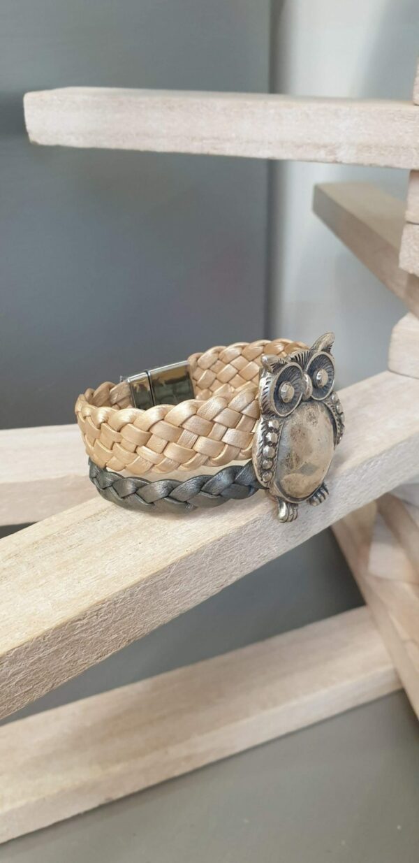 Bracelet femme 20mm cuir tressé gris et doré et son hibou