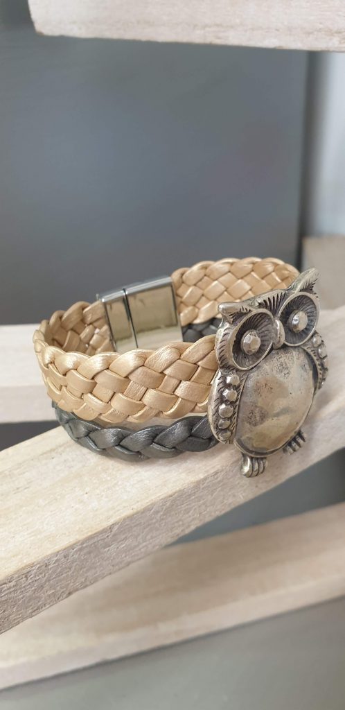Bracelet femme 20mm cuir tressé gris et doré et son hibou