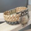 Bracelet femme 20mm cuir tressé gris et doré et son hibou