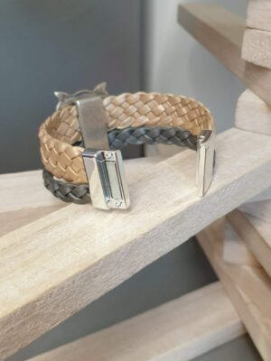 Bracelet femme 20mm cuir tressé gris et doré et son hibou