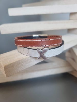 Bracelet homme 10mm cuir marron et liège, passant papillon