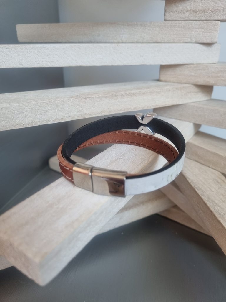 Bracelet homme 10mm cuir marron et liège, passant papillon