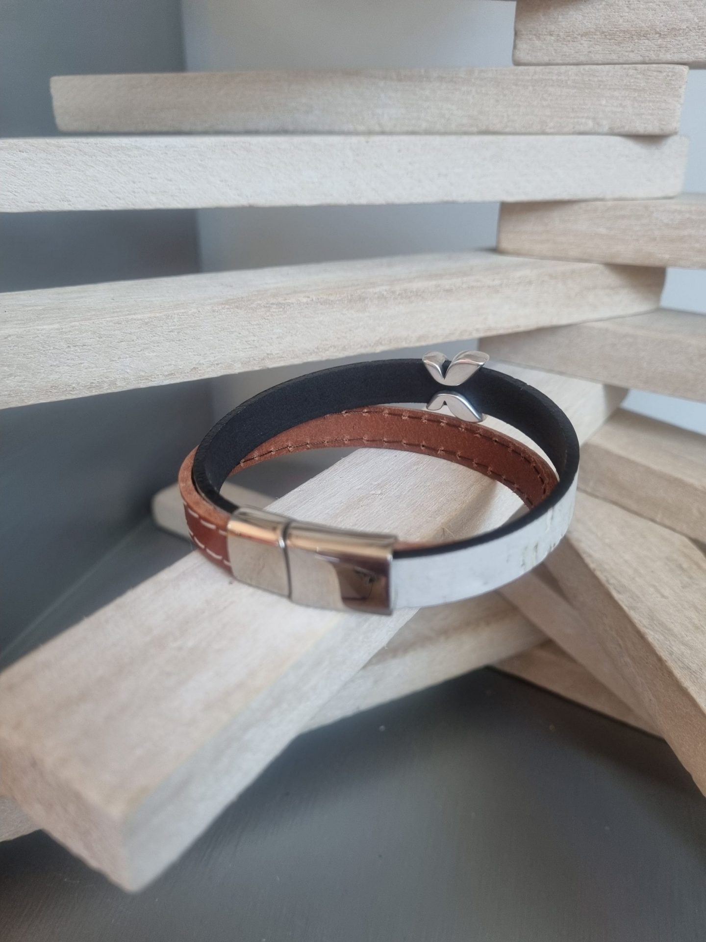 Bracelet homme 10mm cuir marron et liège, passant papillon