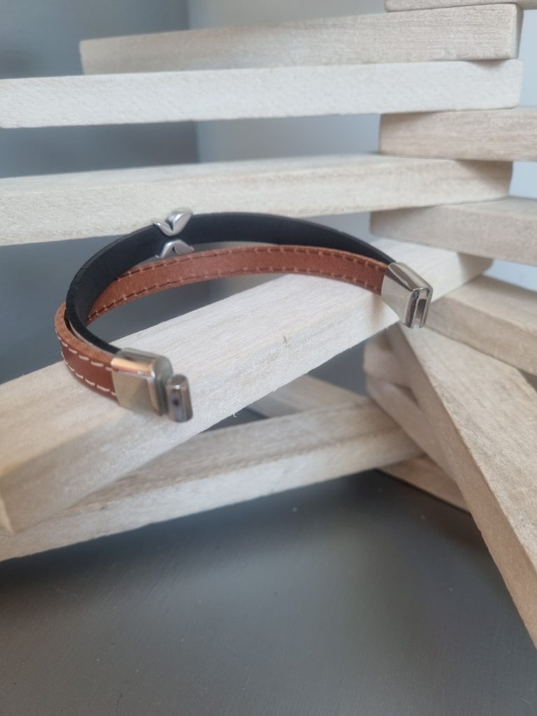 Bracelet homme 10mm cuir marron et liège, passant papillon