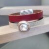 Bracelet femme 20mm cuir plat rouge et argenté, passant Swarovski